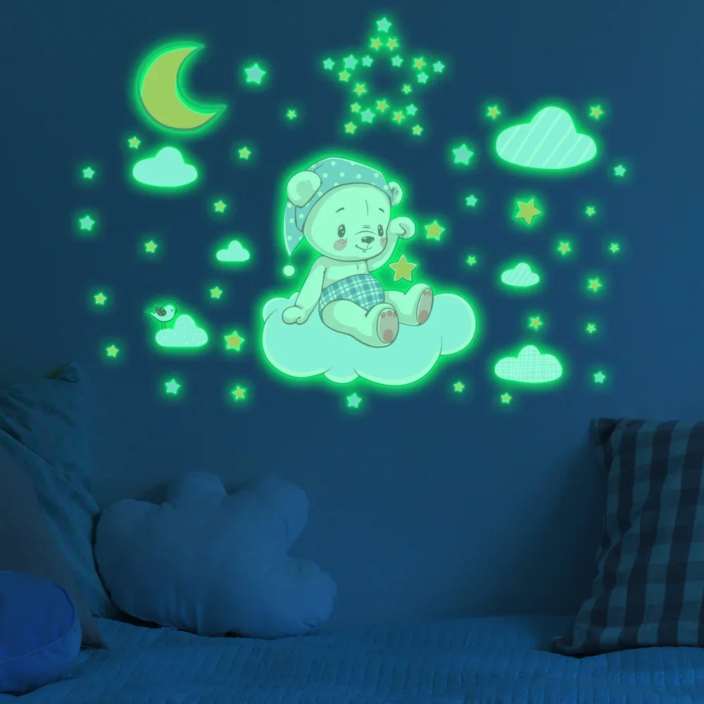 Cartoon Bunny Balloon Luminous Wall Stickers Glow In The Dark Wallpaper For Kids Room Living Room Nursery Home Decoration Decals