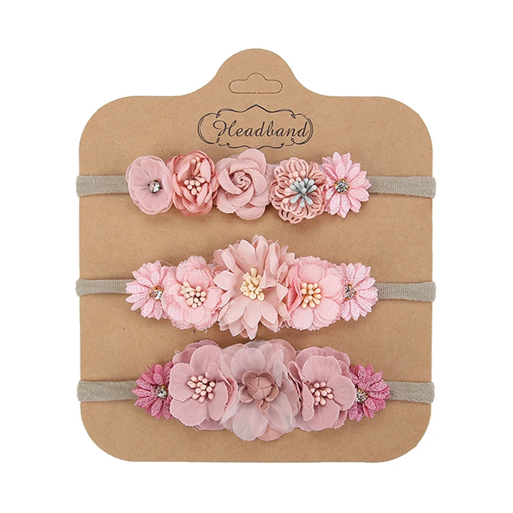 3Pcs/Set Artificial Flower Baby Headbands Girls Rhinstone Nylon Hair Bands Kids Mini Ins Photography Props Kids Fashion Headwear