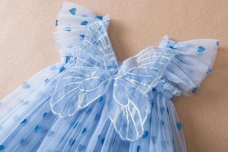 2024 Kids Dress Girl Summer Dress with Butterfly Wings Floral Puff Sleeve Dance Performance Tutu Mesh Princess Dress Clothes