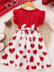 2024 Summer Cute Red Love Princess Children's Short sleeved Dress Casual Party Clothing