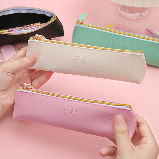 New PU Leather Zipper Pen Pencil Bag Simple Vintage Color Case Storage Pouch for Pens Stationery School  Mini Pencils Bag