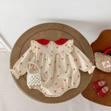 New 2024 Autumn Baby Clothes Sweet Cherry Printed Girls Bodysuit Newborn Peter Pan Collar Princess Clothing Toddler One Piece