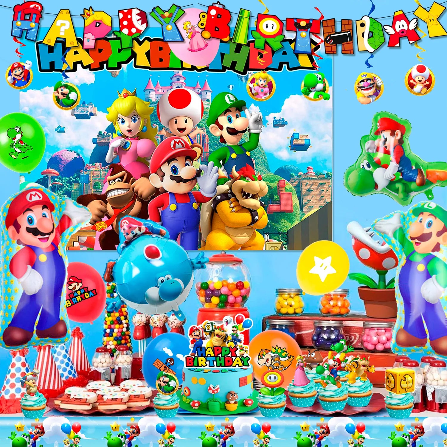 Cartoon Birthday Party Supplies, 68pcs Party Decorations Set- Birthday Decorations Banner Backdrop Tablecloth &Balloons etc