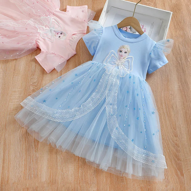 New Disney Girls Dress Short Sleeve Summer Princess Dresses Frozen Elsa Party Baby Dresses for Children Clothing Kids Clothes