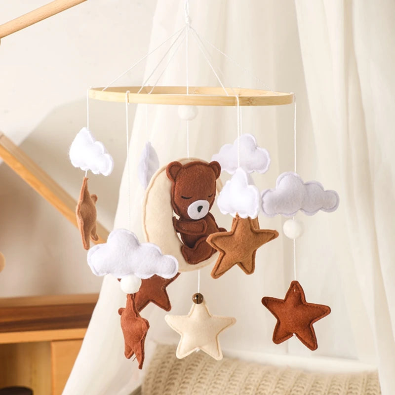 Let's Make Wooden Baby Rattles Soft Felt Cartoon Bear Cloudy Star Moon Hanging Bed Bell Mobile Crib Montessori Education Toys