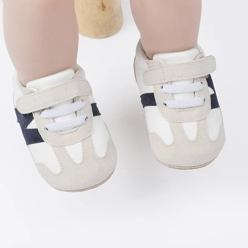New 0-1Y Newborn Baby Fashion Versatile Sports Style Patchwork Colour Soft Bottom Anti-slip Suede Infant Toddler Shoes