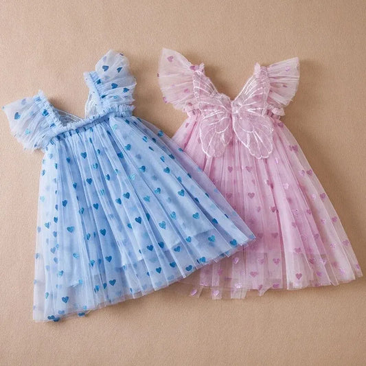 2024 Kids Dress Girl Summer Dress with Butterfly Wings Floral Puff Sleeve Dance Performance Tutu Mesh Princess Dress Clothes