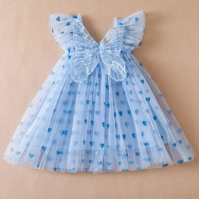 2024 Kids Dress Girl Summer Dress with Butterfly Wings Floral Puff Sleeve Dance Performance Tutu Mesh Princess Dress Clothes