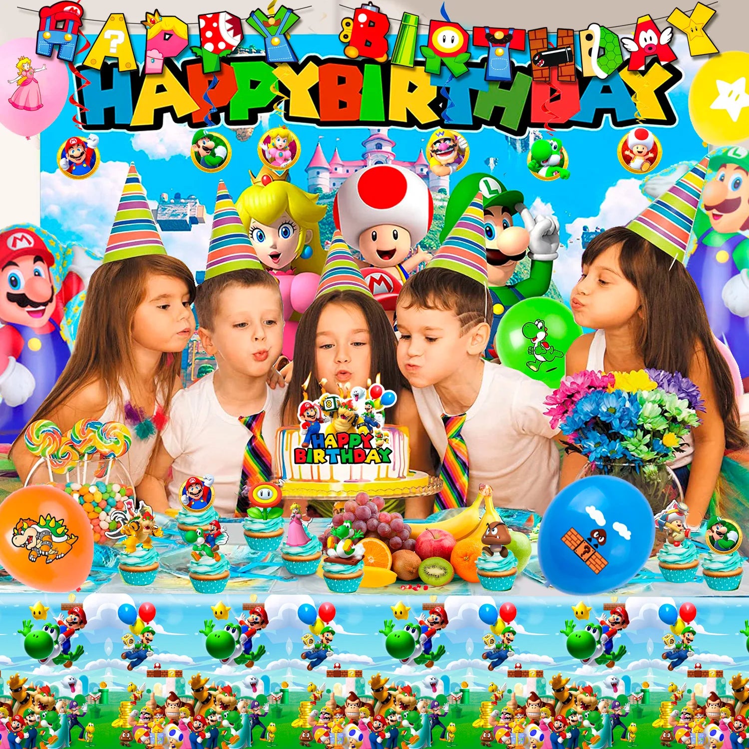 Cartoon Birthday Party Supplies, 68pcs Party Decorations Set- Birthday Decorations Banner Backdrop Tablecloth &Balloons etc