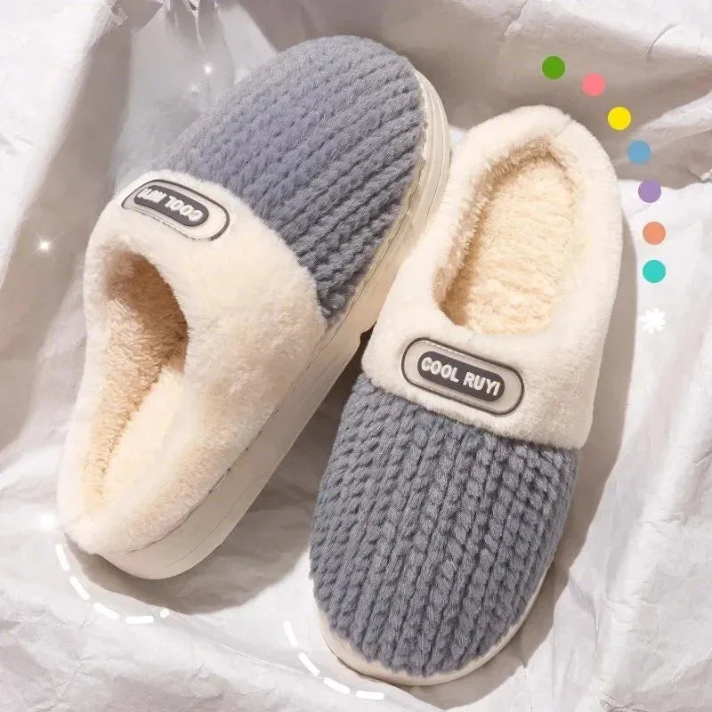 Winter Home Cotton Slippers Thick Sole Simple Design Fashion Style Keep Warm Indoor Antislip Shoes