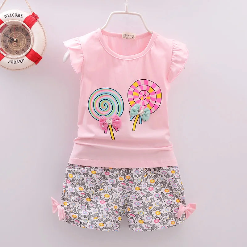 Baby Girls Clothes Sets for Kids T-shirt Tops+Short Pants Clothes Sets Toddler Girl Lollipop Printed Summer Infant Clothing Sets