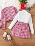 Children's spring and autumn new cute girl fashion dress 3 sets of pink plaid top + skirt + white long-sleeved base shirt