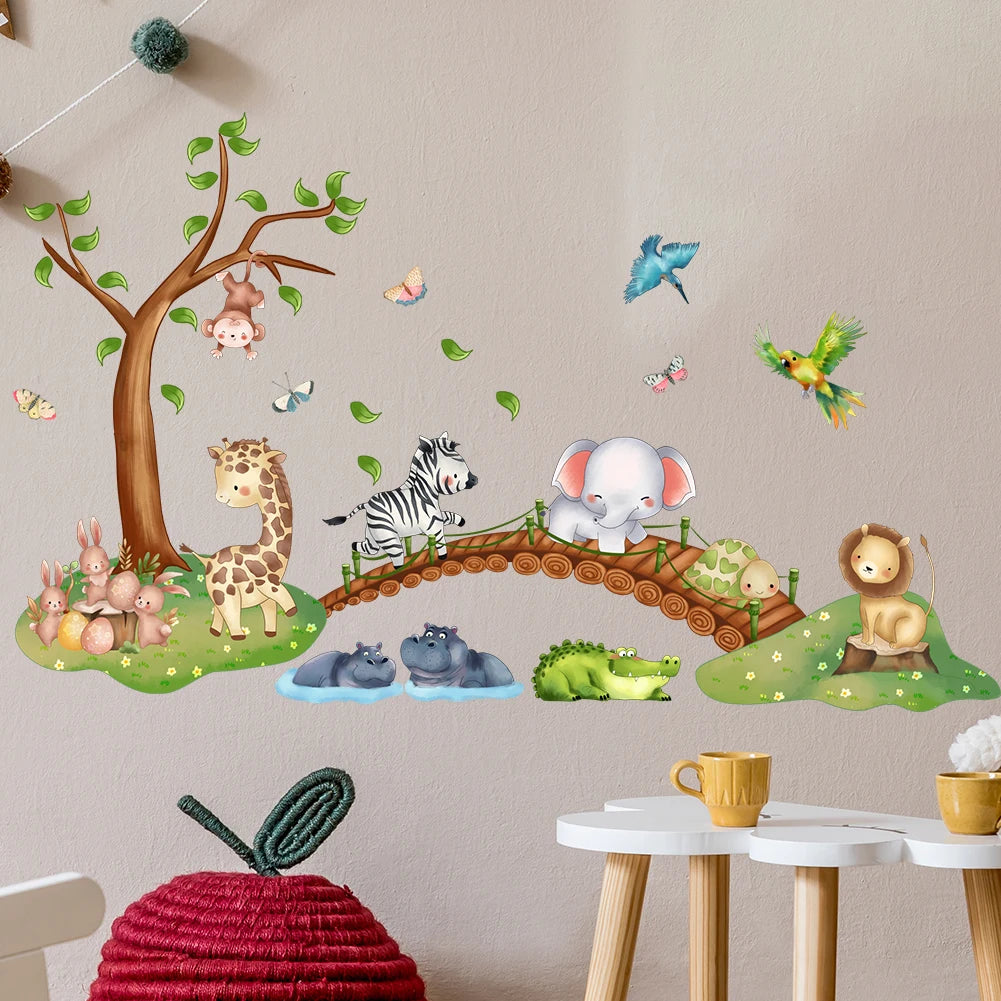 Cartoon Animal Elephant Zebra Giraffe Bridge Wall Sticker Waterproof PVC Children's Room   Kindergarten Home Decoration