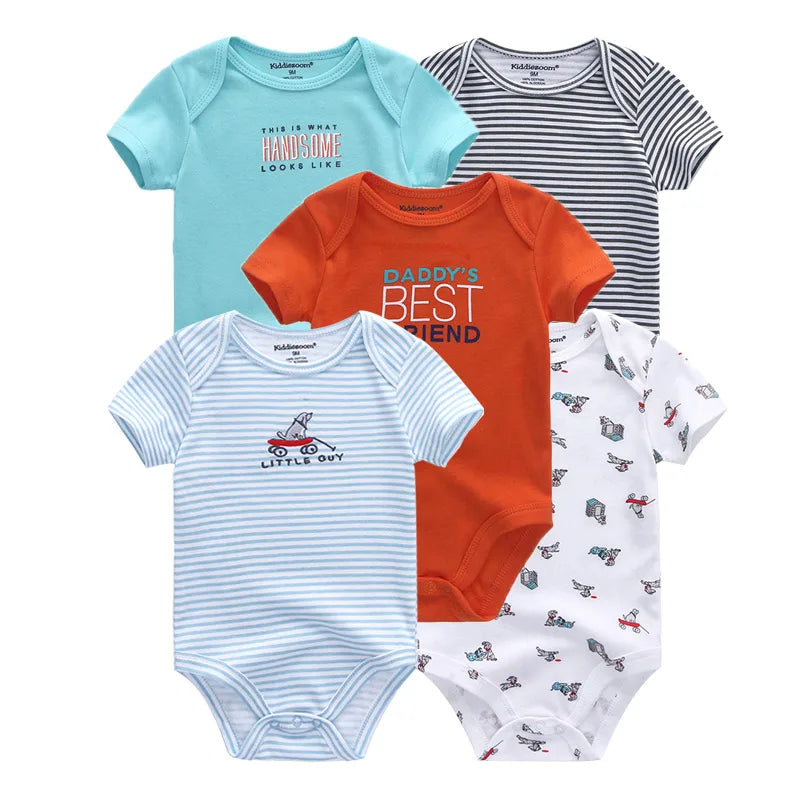 Kiddiezoom 5 Pcs/Lot Four Seasons Fashion Cartoon Short Sleeve Baby Boy Girl Bodysuits Soft 100%Cotton NewbornOnesies