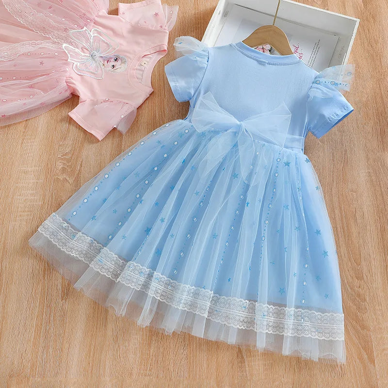 New Disney Girls Dress Short Sleeve Summer Princess Dresses Frozen Elsa Party Baby Dresses for Children Clothing Kids Clothes