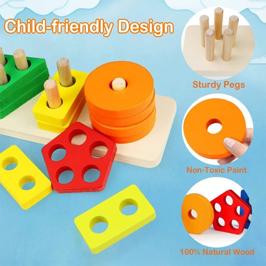 Montessori Wooden Geometric Shape Five Sets of Columns Blocks Assembling Children's Enlightenment Early Education Puzzle Toys