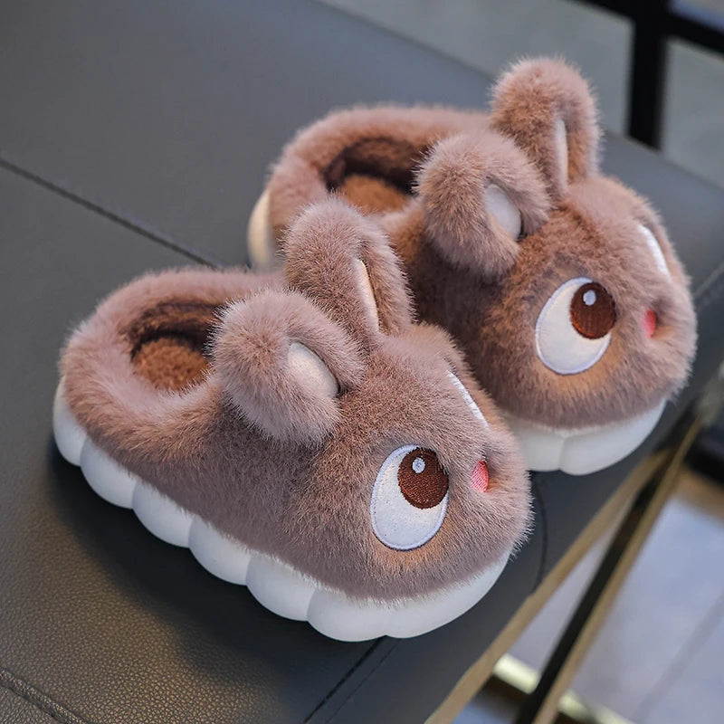 New Winter Cute Big eyed Rabbit Children's Waterproof Warm Non-slip Fluffy Slippers For Girls Boys Kids Indoor Home Cotton Shoes