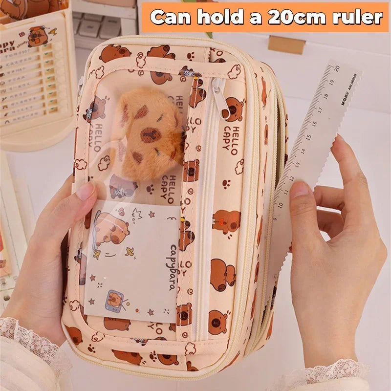 Capybara Multi-Layer Large Capacity Pencil Case Cartoon Stationery Organizer Cute Multi-Functional Pen Pouch for School Supplies