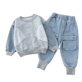 Baby boy clothes set light blue solid color street fried cowboy two-piece fashion long sleeve+denim sweatpants clothes.