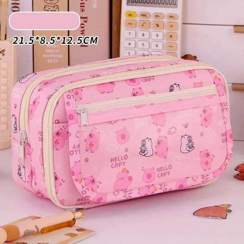 Capybara Multi-Layer Large Capacity Pencil Case Cartoon Stationery Organizer Cute Multi-Functional Pen Pouch for School Supplies