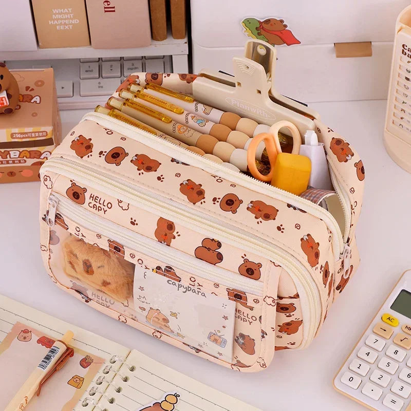 Capybara Multi-Layer Large Capacity Pencil Case Cartoon Stationery Organizer Cute Multi-Functional Pen Pouch for School Supplies