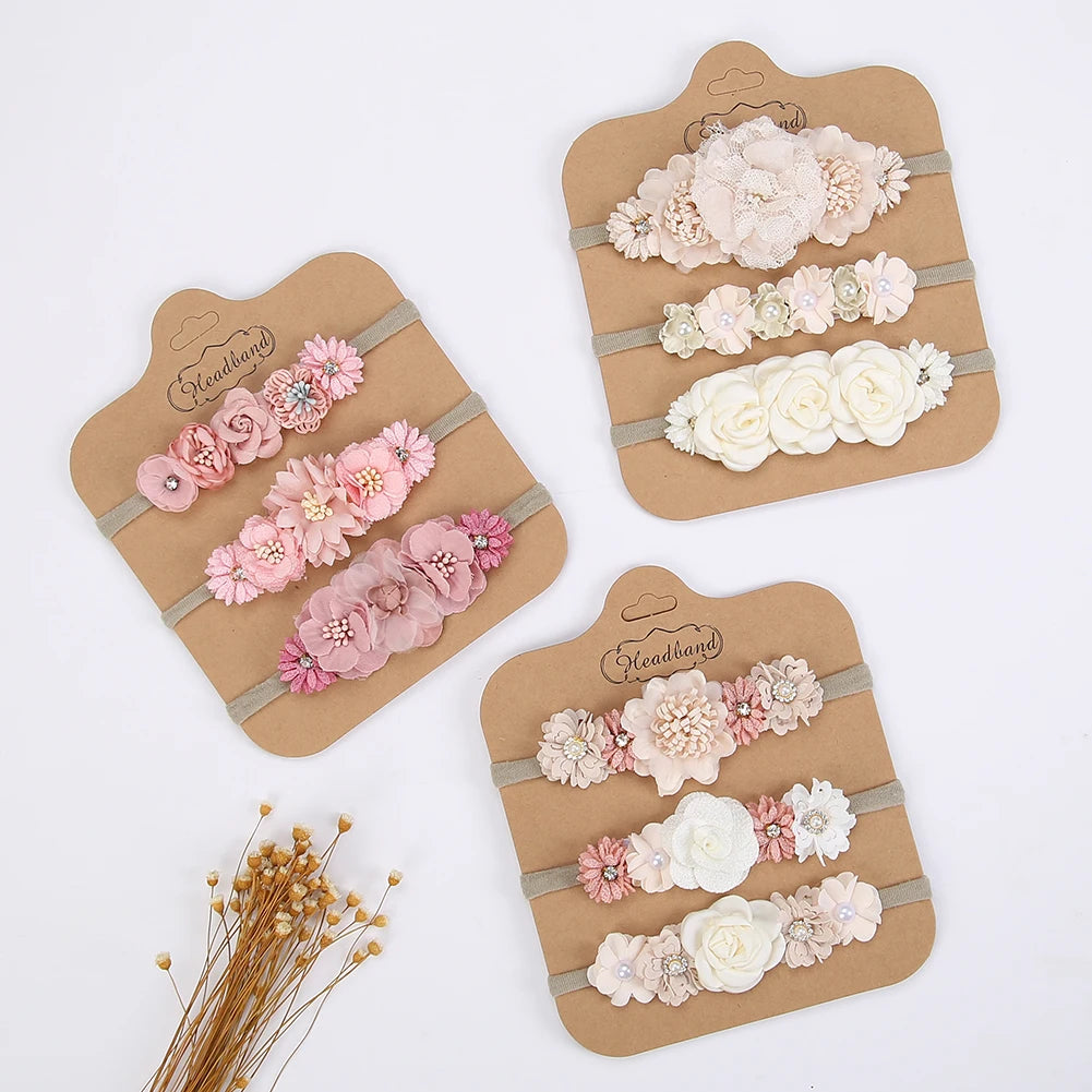 3Pcs/Set Artificial Flower Baby Headbands Girls Rhinstone Nylon Hair Bands Kids Mini Ins Photography Props Kids Fashion Headwear