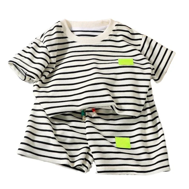 2Pcs Fashion Children Short Sleeve Shorts Sets Summer Kids Clothes Boys Baby Cotton Tee Pant Outfits Black and White Stripe