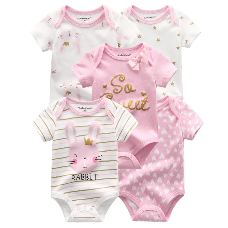 Kiddiezoom 5 Pcs/Lot Four Seasons Fashion Cartoon Short Sleeve Baby Boy Girl Bodysuits Soft 100%Cotton NewbornOnesies