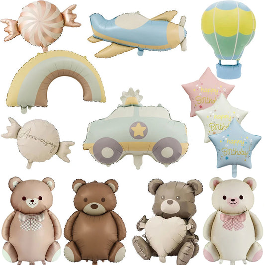 Cute Matte Bear Balloon Rainbow Cartoon Plane Car Foil Balloons Birthday Party Decoration Supplies Girls Boys Baby Shower Favors