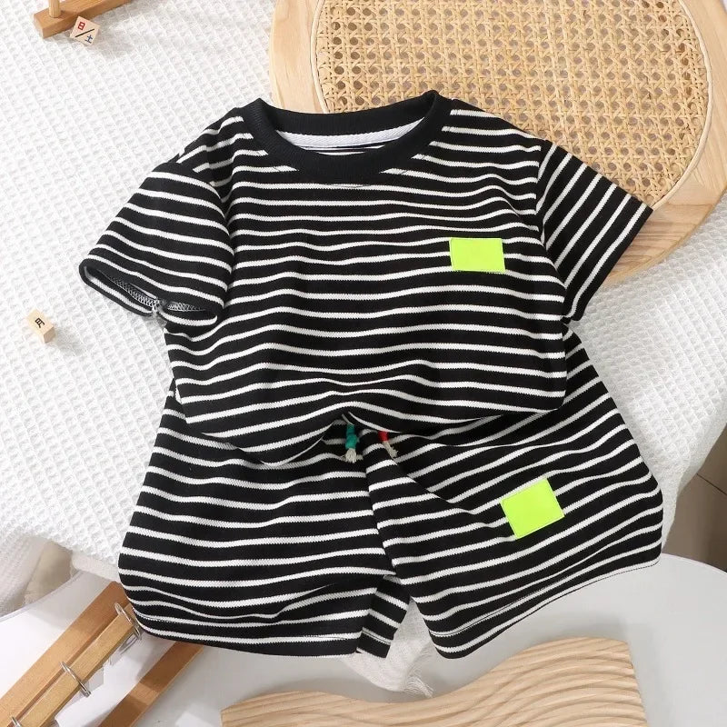 2Pcs Fashion Children Short Sleeve Shorts Sets Summer Kids Clothes Boys Baby Cotton Tee Pant Outfits Black and White Stripe