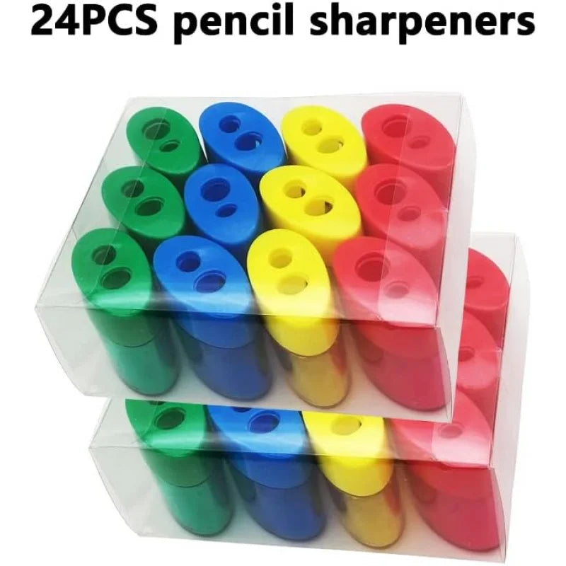 24Pcs Pencil Sharpener Manual, Assorted Small Dual Hole Pencil Sharpeners Bulk with Lid School Office Home (Oval-24)