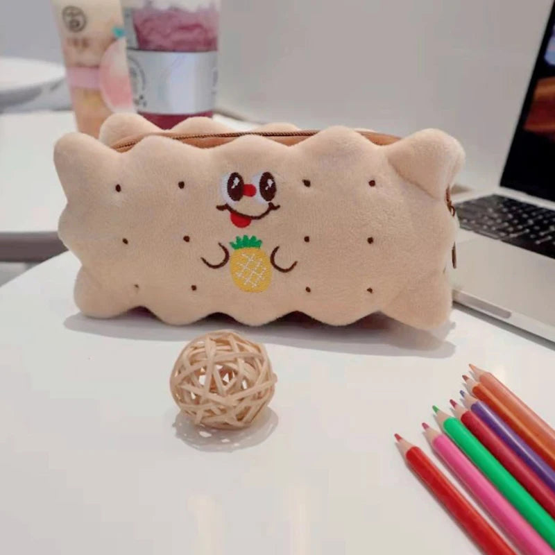 Kawaii Pencil Case High Capacity Plush Cookies Pen Bags Cartoon Brown Pen Box Girls Office School Supplies Stationary