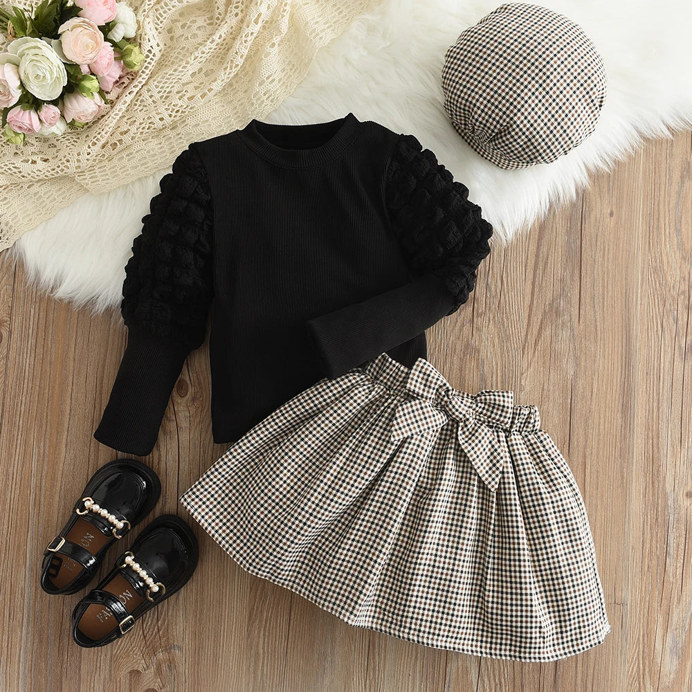 Girls' Set 2023 Autumn New Children's Round Neck Top+Bow Plaid Short Skirt+Hat Three Piece Children's Fashion Set