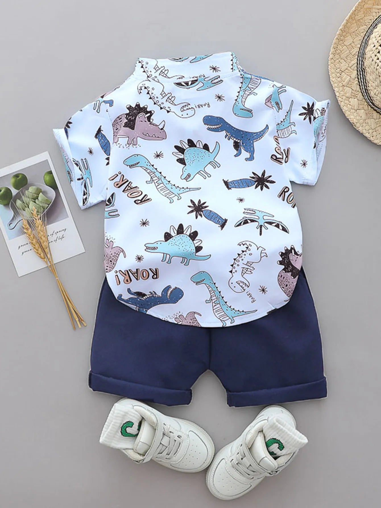 2PCS baby and toddler summer full print cartoon spotted dinosaur pattern stand up collar shirt short sleeved shorts set