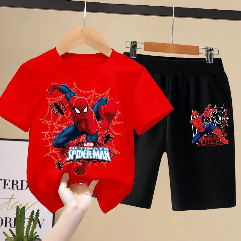 مجموعة تي شيرتات ديزني للأطفال من Aoger Spiderman للأولاد في فصل الصيف، شورت بأكمام قصيرة للأطفال، طقم مكون من قطعتين ملابس أطفال