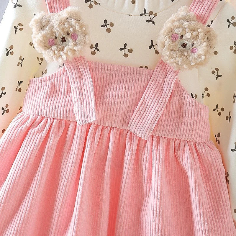 Kid Girl Long Sleeve Dress Floral Lovely Bear Corduroy Strap Style Dress Fashion Cute Photograph Outfit for Child Girl 1-6 Years