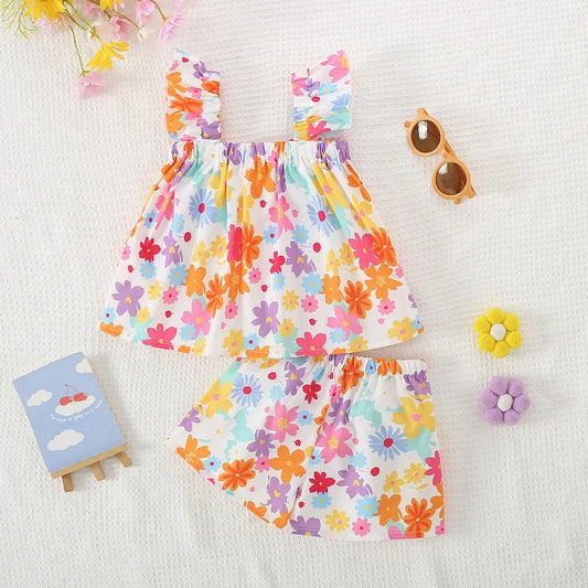 Summer New Colorful Flower Baby Girl Set, Countryside Style Infant Two-Piece Set, Children'S Sleeveless Clothes